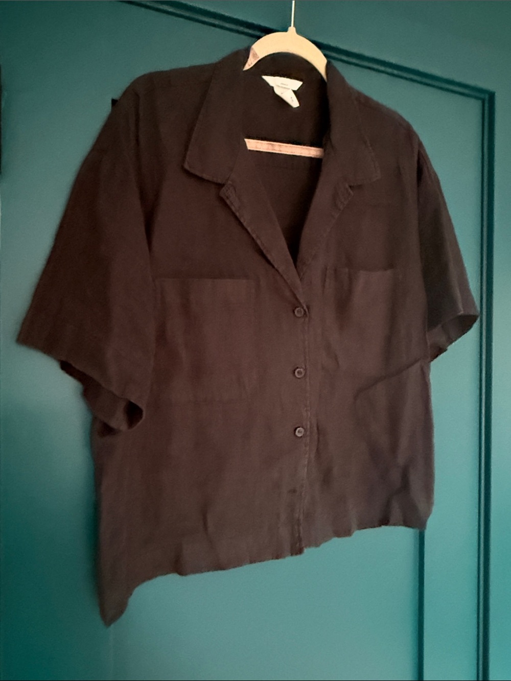 H&M Linen Black Short-Sleeve Button-Up Shirt